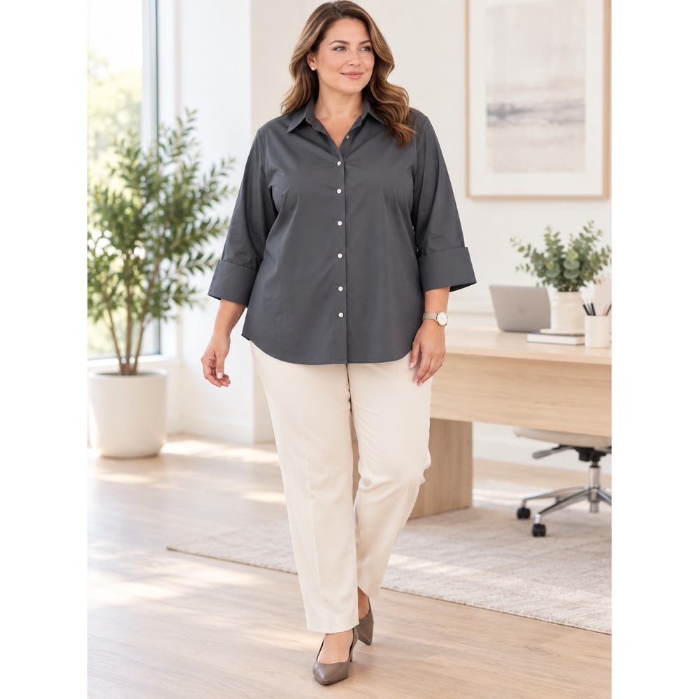 Lands' End Button Down Women 26W Grey No Iron Broadcloth Cuffed 3/4 Sleeve Shirt